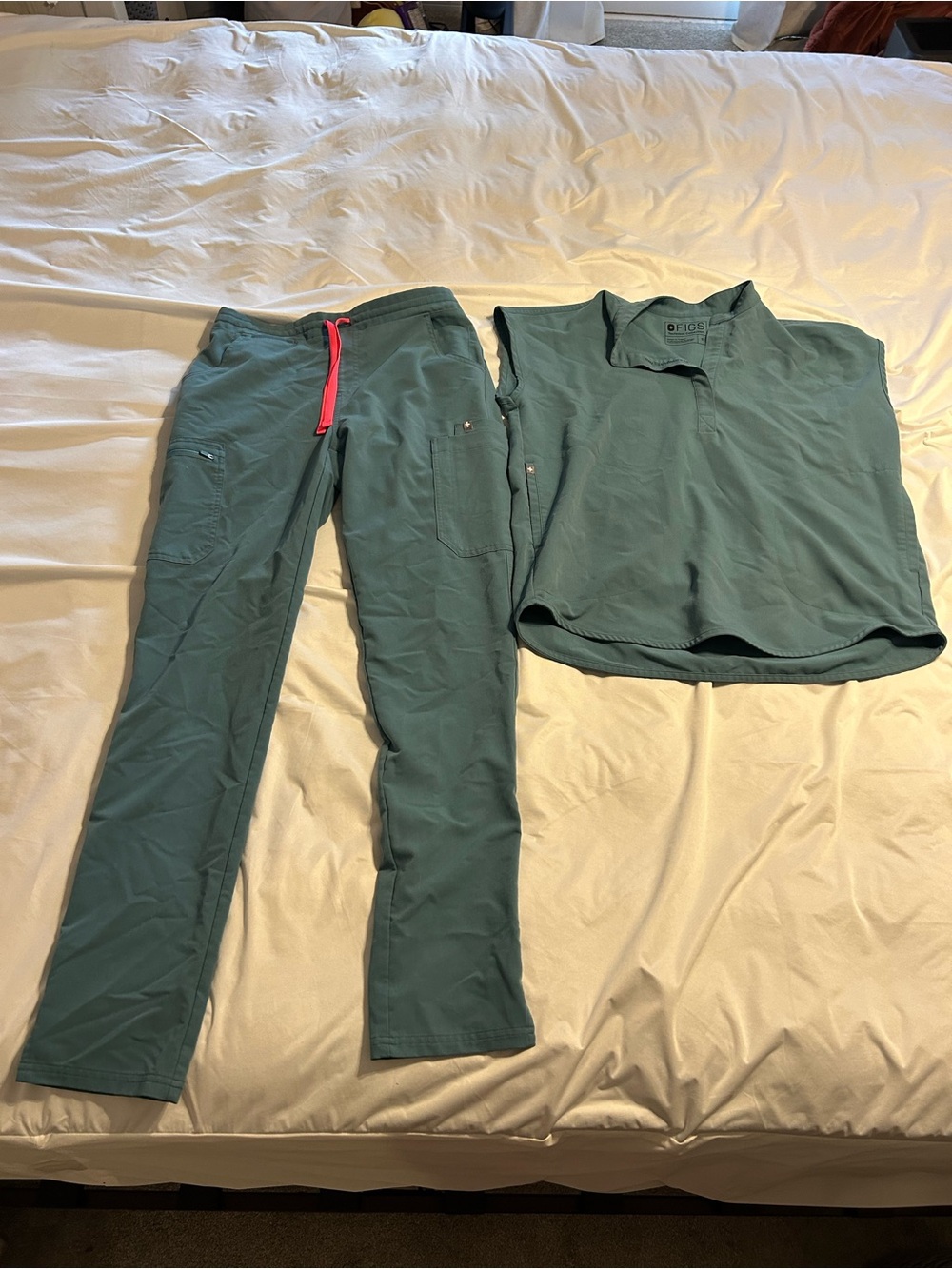 Figs Teal Scrubs with Pink Drawstring